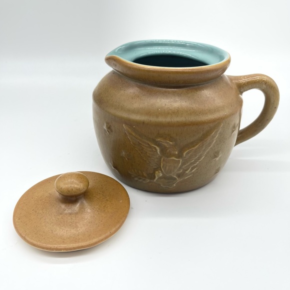 Vintage Chatham Pottery Covered Pitcher Teapot Eagle Relief Brown Turquoise 6” - Picture 9 of 12
